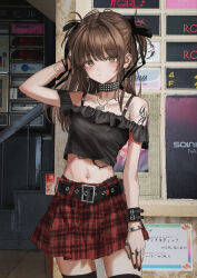 Rule 34 | 1girl, absurdres, adjusting hair, arm tattoo, black nails, black shirt, black thighhighs, brown hair, crop top, gishiki (gshk), green eyes, highres, jewelry, midriff, necklace, off-shoulder shirt, off shoulder, original, plaid, plaid skirt, punk lolita, razor blade, razor blade necklace, red skirt, shirt, skirt, smiley face, solo, stomach, tattoo, thighhighs