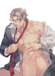 Rule 34 | 1boy, abs, bara, bottomless, dirty, glasses, handcuffs, male focus, muscular, pectorals, sakiraryo, silver hair, smile, solo, tagme, teacher, undressing