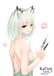 Rule 34 | 1girl, animal ear fluff, animal ears, arknights, artist name, back, backless dress, backless outfit, breasts, cat ears, character name, chinese commentary, dated, dress, fang, green dress, green eyes, highres, kal&#039;tsit (arknights), leria v, looking at viewer, looking back, medium breasts, medium hair, open mouth, paw print, sideboob, silver hair, simple background, sleeveless, solo, spaghetti strap, straight hair, syringe, upper body, white background