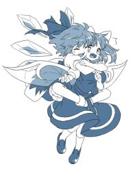 Rule 34 | 2girls, bow, cirno, commentary request, daiyousei, detached wings, fairy wings, full body, greyscale, hair bow, hug, ice, ice wings, itani illust, looking at another, monochrome, multiple girls, shoes, short hair, short sleeves, simple background, skirt, socks, touhou, vest, wings