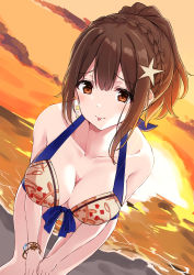 Rule 34 | 1girl, absurdres, bangle, bare shoulders, bikini, blue bow, bow, bracelet, braid, breasts, brown bikini, brown eyes, brown hair, cleavage, closed mouth, cloud, collarbone, commentary request, crown braid, dutch angle, earrings, floral print, hair between eyes, hair ornament, high ponytail, highres, idolmaster, idolmaster shiny colors, jewelry, kuwayama chiyuki, large breasts, leaning forward, minikon, outdoors, ponytail, print bikini, sidelocks, sky, solo, star (symbol), star earrings, star hair ornament, sun, sunset, swimsuit, tongue, tongue out, water