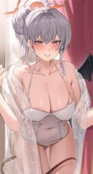 Rule 34 | 1girl, absurdres, blue archive, blush, breasts, cleavage, collarbone, covered navel, demon tail, demon wings, grey hair, hair bun, halo, halterneck, haruna (swimsuit) (blue archive), highres, hinaumma, large breasts, leaning forward, looking at viewer, one-piece swimsuit, red eyes, see-through shawl, shawl, single side bun, single wing, smile, solo, sweatdrop, swimsuit, tail, white one-piece swimsuit, wings