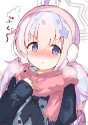 Rule 34 | 1girl, absurdres, ahoge, black jacket, blue archive, blush, chamoraile, closed mouth, earmuffs, hair between eyes, hair ornament, highres, jacket, long hair, long sleeves, looking at viewer, multicolored hair, open clothes, open jacket, pink hair, pink scarf, purple eyes, purple hair, reisa (blue archive), scarf, simple background, solo, star (symbol), star hair ornament, twintails, upper body, white background