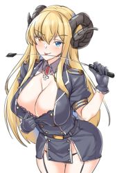Rule 34 | 1girl, bad id, bad pixiv id, black gloves, blonde hair, blue eyes, blush, breasts, cleavage, curled horns, demon girl, garter straps, gloves, heterochromia, horns, large breasts, leaning forward, long hair, looking at viewer, military, military uniform, original, riding crop, shirokuma a, shirt tug, smile, solo, standing, tongue, tongue out, uniform, yellow eyes