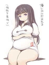 Rule 34 | 1girl, baymax, baymax (cosplay), big hero 6, black hair, blush, borrowed character, breast hold, breasts, cosplay, fat, large breasts, long hair, looking at viewer, plump, purple eyes, shigatake, smile, solo, sweat, translation request