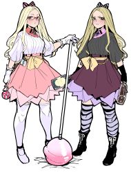 Rule 34 | 2girls, absurdres, alcohol, black footwear, blonde hair, blue lips, blush, boots, bottle, bow, candy, closed mouth, collared shirt, eyeliner, eyeshadow, food, frown, glasses, grey bow, hair bow, highres, holding, holding bottle, holding candy, holding food, holding lollipop, holding weapon, lipstick, lollipop, long hair, looking at viewer, makeup, miitoban, multiple girls, original, pink bow, pink shirt, pink skirt, red-framed eyewear, red skirt, sash, shirt, shoes, simple background, skirt, striped bow, striped clothes, striped legwear, striped thighhighs, thighhighs, weapon, whiskey, white background, white footwear, white legwear, white shirt, wing collar, yellow eyes, yellow sash