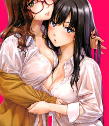 Rule 34 | 2girls, absurdres, black hair, blue eyes, blush, breasts, brown hair, cardigan, cleavage, dress shirt, fingernails, glasses, green eyes, highres, long fingernails, long hair, looking at viewer, medium breasts, multiple girls, naruko hanaharu, navel, off shoulder, open clothes, open shirt, original, parted lips, pink background, pinup (portrait), pinup (style), red-framed eyewear, scan, see-through, shirt, simple background, upper body, wet, wet clothes, yuri
