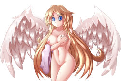 Rule 34 | 1girl, angel wings, blonde hair, blue eyes, breasts, cleavage, ecstasy, feathers, hand on own chest, ilias, large breasts, long hair, looking at viewer, mon-musu quest!, nipples, nude, pussy, simple background, smile, solo, wings