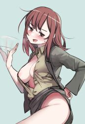 Rule 34 | 1girl, absurdres, afterimage, blush, breasts, breasts out, brown eyes, brown hair, cleavage, clothes lift, collared shirt, fanning self, grace maitland steward, highres, hot, jacket, large breasts, leg up, legs, long hair, luminous witches, m1saki 1, messy hair, military, military uniform, miniskirt, nipple slip, nipples, no bra, no panties, open clothes, open jacket, open mouth, open shirt, pencil skirt, puffy nipples, shirt, simple background, skirt, skirt lift, smile, solo, stomach, sweat, sweatdrop, thighs, uniform, world war ii, world witches series