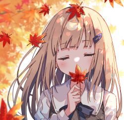Rule 34 | 1girl, autumn leaves, blonde hair, blue bow, blue bowtie, blurry, blurry background, blurry foreground, blush, bow, bowtie, brown vest, closed eyes, commentary, covering own mouth, dot nose, hair ornament, hairclip, highres, holding, holding leaf, leaf, long sleeves, maple leaf, original, sailor collar, shirt, solo, tree, upper body, vest, white background, white sailor collar, white shirt, zoirun