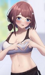 Rule 34 | 1girl, :d, absurdres, bare arms, bare shoulders, blue eyes, blush, borrowed character, breasts, brown hair, cleavage, commentary, crop top, hair ornament, hairclip, highres, keaworks, large breasts, looking at viewer, midriff, navel, open mouth, original, short hair, smile, solo, sports bra, stomach, upper body