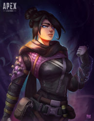 Rule 34 | 1girl, absurdres, apex legends, belt, black belt, black bodysuit, black scarf, blue eyes, bodysuit, breasts, brown belt, buavz, clenched hand, commentary, copyright name, electricity, english commentary, gloves, grey gloves, hair bun, highres, logo, medium breasts, scarf, single hair bun, solo, thick lips, wraith (apex legends)