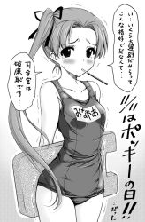 Rule 34 | 10s, 1girl, arms behind back, ayanami (kancolle), bare shoulders, blush, breasts, check commentary, collarbone, commentary request, cowboy shot, food, food in mouth, from side, greyscale, hair ribbon, halftone, halftone background, holding, kantai collection, kickboard, long hair, looking at viewer, monochrome, motion lines, mouth hold, name tag, one-piece swimsuit, outline, pocky, ponytail, raised eyebrows, ribbon, school swimsuit, side ponytail, simple background, small breasts, solo, speech bubble, swimsuit, tears, text focus, thighhighs, translation request, trembling, very long hair, white background, yammy y