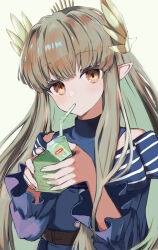 Rule 34 | 1girl, alternate costume, arknights, belt, blue dress, brown belt, colored inner hair, commentary request, deyuaru, dot nose, dress, drinking, drinking straw, green hair, head tilt, highres, holding carton, laurel crown, light brown hair, long sleeves, looking at viewer, milk carton, mole, mole under eye, muelsyse (arknights), multicolored hair, orange eyes, pointy ears, simple background, solo, upper body, white background