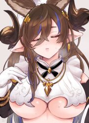 Rule 34 | 1girl, anbaagu, animal ears, areola slip, black ribbon, blush, breasts, brown hair, closed eyes, clothing cutout, commentary request, cropped torso, dangle earrings, earrings, extra ears, frills, galleon (granblue fantasy), gloves, granblue fantasy, hair between eyes, hair ornament, horns, jewelry, large breasts, multicolored hair, neck ribbon, necklace, nipple slip, nipples, pointy ears, ribbon, solo, streaked hair, underboob, underboob cutout, white gloves