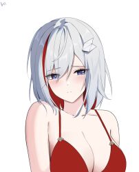 Rule 34 | 1girl, bare shoulders, bikini, blue eyes, breasts, cleavage, collarbone, commentary, hair ornament, highres, honkai: star rail, honkai (series), large breasts, looking at viewer, multicolored hair, red bikini, red hair, simple background, solo, streaked hair, swimsuit, topaz (honkai: star rail), unfinished, upper body, white background, white hair, yeni1871