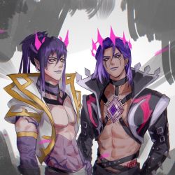 Rule 34 | 2boys, abs, alternate costume, aredlac, blue hair, collarbone, cowboy shot, cropped jacket, earrings, facial mark, gem, grey background, grey jacket, highres, horns, jacket, jewelry, league of legends, long hair, long sleeves, male focus, multiple boys, open clothes, open jacket, pink hair, pointy ears, ponytail, short sleeves, smile, spirit blossom thresh, tattoo, thresh (league of legends), viego (league of legends), white background, yellow eyes