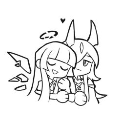 Rule 34 | 2girls, arknights, ascot, blunt bangs, broken halo, chibi, closed eyes, closed mouth, detached wings, dragon girl, dragon horns, eblana (arknights), elbow gloves, energy wings, gloves, hair ornament, hair over one eye, halo, heart, hime cut, horns, hug, jacket, jewelry, long hair, long sleeves, looking at another, monochrome, multiple girls, open clothes, open jacket, shirt, short-sleeved jacket, short sleeves, sidelocks, sihzari, smile, spoken heart, upper body, very long hair, virtuosa (arknights), wings, yuri