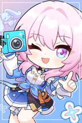 Rule 34 | 1girl, ;d, blue eyes, blue jacket, blue skirt, blush, camera, chibi, commentary request, feet out of frame, highres, holding, holding camera, honkai: star rail, honkai (series), jacket, jiu fanglianhua, looking at viewer, march 7th (honkai: star rail), miniskirt, one eye closed, open mouth, pink hair, pleated skirt, purple eyes, shirt, skirt, smile, standing, two-tone eyes, white shirt