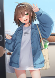Rule 34 | 1boy, 1girl, ;d, ahoge, arm up, bag, blue jacket, blue sky, blurry, blurry foreground, blush, brown hair, commentary request, day, denim, denim jacket, depth of field, green eyes, hair between eyes, hairband, haru (kuzuyu), head tilt, highres, holding, holding bag, jacket, komori kuzuyu, long sleeves, looking at viewer, one eye closed, open clothes, open door, open jacket, open mouth, original, plaid, plastic bag, puffy long sleeves, puffy sleeves, railing, shirt, sky, sleeves past wrists, smile, solo focus, white hairband, white shirt
