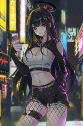 Rule 34 | 1girl, absurdres, black halo, blue archive, bright pupils, city, crop top, denim, denim shorts, fishnet pantyhose, fishnets, halo, highres, holding, holding phone, long sleeves, looking at viewer, navel, night, pantyhose, phone, red eyes, rio (blue archive), shorts, solo, white pupils, yum draw