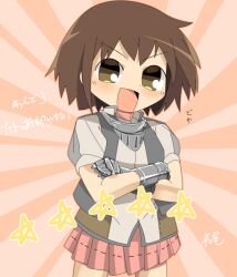 Rule 34 | 1girl, :d, blush, brown eyes, brown hair, commentary request, cowboy shot, crossed arms, gauntlets, grey shirt, grey vest, kill me baby, lets0020, looking at viewer, medium bangs, miniskirt, mouth guard, open mouth, oribe yasuna, pink background, pink skirt, pleated skirt, shirt, short hair, skirt, smile, solo, star (symbol), sunburst, sunburst background, translation request, v-shaped eyebrows, vest