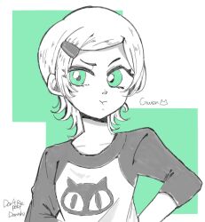 Rule 34 | 1girl, :t, ben 10, character name, closed mouth, danishi, green eyes, gwen tennyson, hair ornament, hairclip, highres, limited palette, looking at viewer, pout, shirt, short hair, solo, upper body