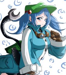 Rule 34 | 1girl, :&gt;, adapted costume, alinoce716, backpack, bag, blue eyes, blue hair, blush, breasts, gloves, goggles, green hat, hair bobbles, hair ornament, hat, highres, kawashiro nitori, long hair, medium breasts, sleeves past wrists, solo, touhou, twintails, two side up, wide sleeves, wrench