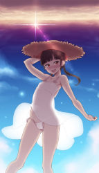 Rule 34 | 1girl, :d, abubu, arm behind head, bare arms, bare shoulders, black hair, blue sky, blunt bangs, blush, cameltoe, cloud, dress, fang, flat chest, hat, highres, long hair, looking at viewer, low twintails, nose blush, open mouth, original, outdoors, panties, red eyes, side-tie panties, sky, sleeveless, sleeveless dress, smile, solo, standing, straw hat, tongue, twintails, underwear, white dress, white panties