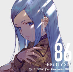 Rule 34 | 1girl, 86 -eightysix-, anju emma, blue eyes, blue hair, camouflage, camouflage jacket, copyright name, episode number, episode title, from side, hand on own shoulder, jacket, long hair, long sleeves, looking at viewer, looking to the side, mole, mole under eye, open mouth, pocket, shirabi, sidelocks, simple background, solo