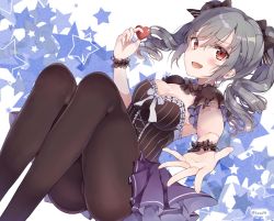 Rule 34 | 10s, 1girl, :d, ass, black pantyhose, blush, bow, breasts, cleavage, detached collar, dress, grey hair, hair bow, heart, highres, holding, idolmaster, idolmaster cinderella girls, kanzaki ranko, kyou hotaru, legs together, legs up, long hair, looking at viewer, medium breasts, open mouth, outstretched arm, pantyhose, red eyes, scrunchie, smile, solo, star (symbol), starry background, twintails, twitter username, wrist scrunchie