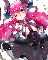 Rule 34 | ;o, black collar, black corset, black dress, black horns, blue bow, blue eyes, bow, breasts, buttons, circle skirt, collar, corset, detached sleeves, diamond button, dragon tail, dress, elizabeth bathory (fate), elizabeth bathory (first ascension) (fate), eyelashes, fate/grand order, fate (series), frilled dress, frilled sleeves, frills, hair bow, highres, horns, light blush, long hair, long sleeves, looking at viewer, one eye closed, open mouth, outstretched hand, pink hair, pink nails, pointy ears, short dress, simple background, small breasts, star (symbol), suzune hapinesu, tail, triangle, two side up, underboob, very long hair, white background, white sleeves