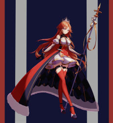 Rule 34 | 1girl, absurdres, azur lane, bare shoulders, black gloves, breasts, cleavage, cleavage cutout, clothing cutout, crown, detached sleeves, fleur-de-lis, french flag, full body, fur trim, gloves, gold trim, hair between eyes, high heels, highres, holding, holding polearm, holding spear, holding weapon, juliet sleeves, large breasts, light smile, long hair, long sleeves, looking at viewer, maltese cross, orange hair, polearm, puffy sleeves, purple eyes, red thighhighs, richelieu (azur lane), shinalpha, shoes, skirt, solo, spear, striped sleeves, thigh strap, thighhighs, weapon, white skirt