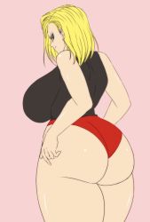 Rule 34 | 1girl, android 18, ass, bare shoulders, black shirt, blonde hair, blue eyes, breasts, darwaarts, dragonball z, from behind, highres, huge ass, huge breasts, looking at viewer, looking back, panties, pink background, red panties, shirt, short hair, sleeveless, smile, solo, thick thighs, thighs, underwear, wide hips
