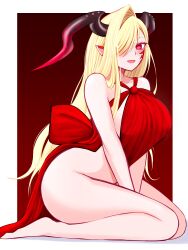 Rule 34 | 1girl, absurdres, asymmetrical bangs, bare shoulders, blonde hair, blush, body markings, breasts, cosplay, dress, facial mark, fate/grand order, fate (series), hair over one eye, highres, horns, large breasts, long hair, looking at viewer, mcpc zamurai, nero claudius (fate), nero claudius (fate) (all), open mouth, pointy ears, queen draco (fate), queen draco (fate) (cosplay), queen draco (first ascension) (fate), queen draco (third ascension) (fate), red dress, red eyes, seiza, sitting, smile, solo