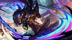 Rule 34 | 1boy, belt, black pants, blue hair, blurry, blurry background, dark-skinned male, dark skin, glowing, glowing eye, highres, holding, holding weapon, league of legends, long sleeves, looking at viewer, male focus, mask, mouth mask, muscular, muscular male, official alternate costume, official art, pants, pyke (league of legends), short hair, solo, soul fighter pyke, stadium, weapon