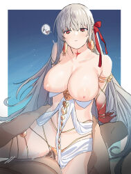 Rule 34 | 1boy, 1girl, armlet, bare shoulders, belly chain, blush, body markings, bracelet, breasts, breasts out, censored, clothes pull, collarbone, colored skin, cowgirl position, durga (fate), earrings, facial mark, fate/grand order, fate (series), forehead mark, girl on top, gradient skin, grey hair, hair ribbon, hetero, highres, jewelry, large breasts, long hair, nipples, pelvic curtain, penis, pussy, red eyes, red skin, revealing clothes, ribbon, sash, sex, straddling, thighs, vaginal, very long hair, zourion