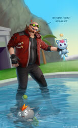 Rule 34 | &gt; &lt;, 1boy, anger vein, angry, arm hair, artist name, asphyxiation, bald, black-framed eyewear, black gloves, black pants, black shirt, blue-tinted eyewear, blue sky, blurry, blurry background, chao (sonic), clenched teeth, creature, day, dr. eggman, dripping, drowning, dutch angle, eyewear on head, facial hair, fat, fat man, fingerless gloves, full body, gloves, goggles, gradient sky, grass, green-tinted eyewear, highres, holding, holding creature, jacket, long sleeves, male focus, mustache, open clothes, open jacket, orange hair, outdoors, palm tree, pants, partially submerged, pink hair, pool, profanity, red jacket, ripples, round eyewear, russian text, shirt, short hair, sky, sonic (series), sonic adventure 2, splashing, standing, sunglasses, talking, teeth, tinted eyewear, totesfleisch8, translation request, tree, trembling, wading, water, watermark, wet, wet clothes, yellow sky