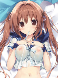 Rule 34 | 1girl, absurdres, bed sheet, blanket, blue sailor collar, bow, breasts, brown eyes, brown hair, commentary request, covered erect nipples, crop top, daisy, fingernails, fingers together, flower, hair between eyes, hair flower, hair ornament, highres, karory, long hair, looking at viewer, lying, medium breasts, mouth hold, nail polish, navel, nipples, no bra, on back, on bed, original, pink nails, sailor collar, school uniform, see-through, serafuku, shirt, smile, solo, stomach, striped, striped bow, twintails, white flower, white shirt, wrist cuffs