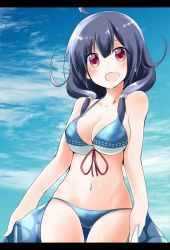 Rule 34 | 1girl, bikini, bikini day, blue bikini, blue sky, breasts, cloud, cloudy sky, collarbone, day, gluteal fold, hair flaps, highres, kantai collection, large breasts, looking at viewer, low twintails, open mouth, outdoors, pia (botamochinjufu), purple hair, red eyes, sarong, sky, smile, solo, swimsuit, taigei (kancolle), twintails
