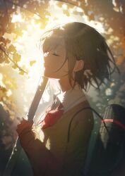 Rule 34 | 1girl, backlighting, bow, bowtie, braid, brown hair, closed eyes, collared shirt, dappled sunlight, day, facing ahead, from side, highres, holding, holding paper, misin322, outdoors, paper, profile, project sekai, red bow, red bowtie, rolled up paper, school uniform, scroll tube, shade, shinonome ena, shirt, short hair, side braid, sidelocks, solo, sunlight, sweater, upper body, v-neck, vignetting, white shirt, yellow sweater