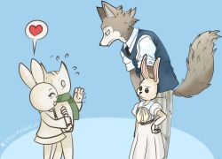 Rule 34 | 2boys, 2girls, artist name, beastars, black eyes, blue background, blush, closed eyes, commentary, commission, doki, english commentary, eye contact, furry, furry female, furry male, green scarf, hands on own hips, haru (beastars), heart, hetero, kellidraws, legoshi, locked arms, looking at another, multiple boys, multiple girls, nabi, rabbit, scarf, school uniform, short sleeves, simple background, skirt, spoken heart, sweater vest, tail, there she is!!, trait connection, two-tone background, waving, white skirt, wolf, wolf tail
