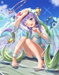 1girl ameth_(princess_connect!) ameth_(summer)_(princess_connect!) ankle_cuffs aqua_one-piece_swimsuit barefoot blue_eyes blue_sky blunt_bangs braid drill_hair drill_sidelocks fairy flower gears green_hair hair_flower hair_ornament halo hand_on_own_head highres in_water long_hair low_twintails marimo_(midiina) multicolored_hair one-piece_swimsuit one_eye_closed open_mouth outdoors pointy_ears princess_connect! purple_hair red_flower red_halo see-through_clothes see-through_sleeves sidelocks single_ankle_cuff sitting sky smile solo swimsuit toes twin_braids twintails very_long_hair white_ankle_cuffs white_flower