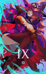 Rule 34 | 1girl, blazblue, blazblue: central fiction, breasts, cape, cleavage, gloves, godsh0t, hair over one eye, hat, konoe a. mercury, large breasts, long hair, red hair, roman numeral, solo, thighhighs, witch hat, yellow eyes