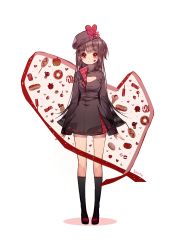 Rule 34 | 1girl, asymmetrical clothes, bad id, bad pixiv id, black hair, breasts, brown hair, c:, candy, chocolate, chocolate bar, cleavage, cleavage cutout, clothing cutout, corn dog, doughnut, food, fruit, full body, hat, heart, ice cream, ice cream cone, long hair, looking at viewer, macaron, original, red eyes, smile, solo, standing, strawberry, sukja, tomato