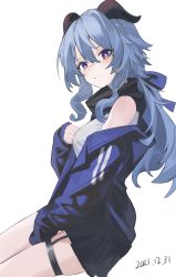 Rule 34 | 1girl, blue hair, blush, bow, breasts, curly hair, dress, ganyu (genshin impact), genshin impact, hair between eyes, hair bow, highres, horns, jacket, long hair, looking at viewer, purple eyes, qtian, sleeves past wrists, solo, strapless, strapless dress, thighs, white background