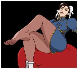 Rule 34 | 1990s (style), brown eyes, brown hair, bun cover, capcom, china dress, chinese clothes, chun-li, double bun, dress, feet, pantyhose, retro artstyle, ribbon, shoes, single shoe, solo, street fighter, street fighter ii (series), thighs, toes