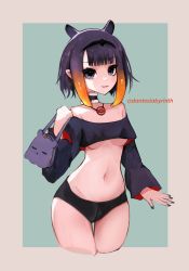 Rule 34 | 1girl, absurdres, bag, black eyes, black hair, black hairband, black nails, black shirt, black shorts, blue background, border, breasts, brown border, commentary, crop top, cropped legs, dante minos, english commentary, hair behind ear, hairband, highres, holding, holding bag, hololive, hololive english, looking to the side, midriff, nail polish, navel, ninomae ina&#039;nis, open hand, outside border, pointy ears, shirt, short shorts, shorts, small breasts, smile, solo, takodachi (ninomae ina&#039;nis), tentacle hair, underboob, virtual youtuber