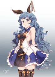 Rule 34 | 10s, 1girl, 2016, :o, animal ears, arms behind back, belt, black thighhighs, blue hair, blush, breasts, brown eyes, buckle, colored eyelashes, cowboy shot, dated, dress, earrings, erune, ferry (granblue fantasy), frills, gradient background, granblue fantasy, highres, jewelry, long hair, looking at viewer, mku, sideboob, signature, single earring, sleeveless, small breasts, solo, star (symbol), thighhighs, wavy hair