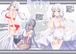Rule 34 | 1girl, ass, azukiman, azur lane, blanket, blue eyes, bra, breasts, character name, cleavage, clothes lift, dress, hair ribbon, highres, illustrious (azur lane), illustrious (morning star of love and hope) (azur lane), large breasts, lingerie, long hair, looking at viewer, looking back, md5 mismatch, multiple views, naked shirt, open clothes, panties, red bra, red panties, resolution mismatch, ribbon, shirt, skirt, skirt lift, source smaller, thighhighs, translated, twintails, underwear, wedding dress, white dress, white hair, white shirt, white thighhighs